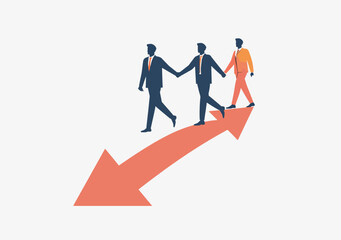 Three figures in suits walk together on an arrow, a visual metaphor for teamwork, forward direction, and progress towards goals. The image showcases collaboration and partnership in business.
