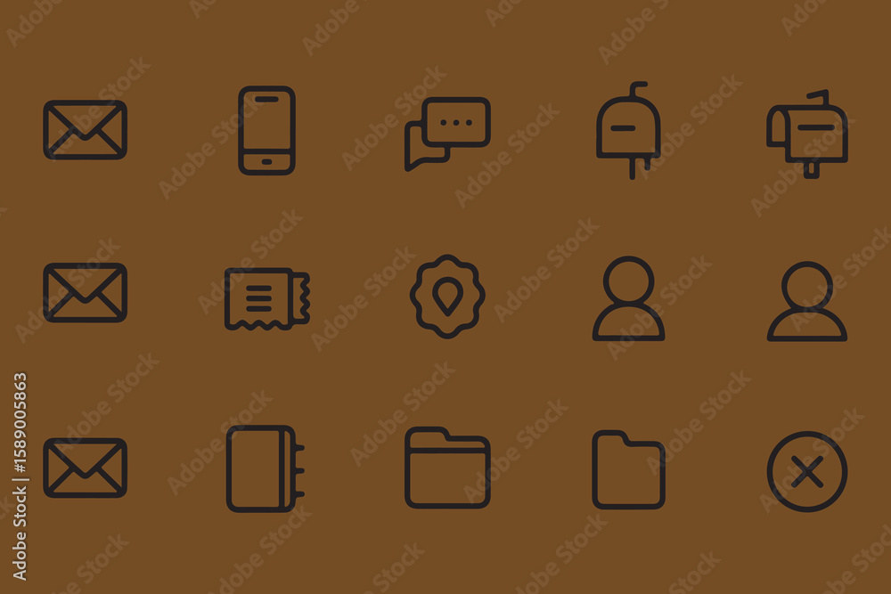 Poster collection of simple black line icons representing communication and organization on a brown backgro