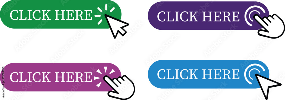 Fototapete Click Here Button Icon set.Pointer Click button. Modern action button mouse click symbol. Computer mouse click cursor or Hand pointer symbol. Cursor arrow icon. Clicking finger. Vector illustration.