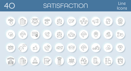 Line icon set showing customer satisfaction and quality service. Includes stars, rating, feedback, communication, reviews, surveys, help, and support. Great for business, service, and marketing themes