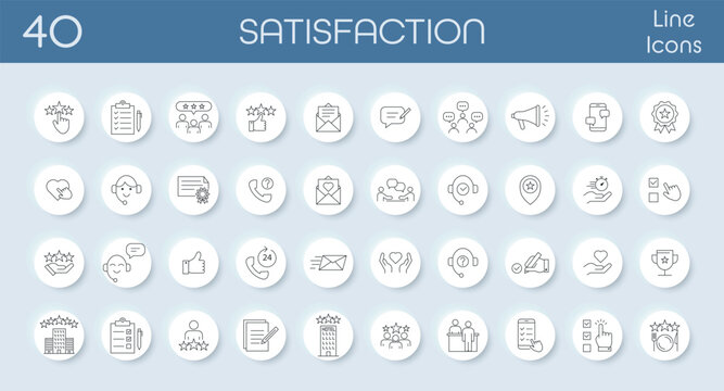 Line icon set showing customer satisfaction and quality service. Includes stars, rating, feedback, communication, reviews, surveys, help, and support. Great for business, service, and marketing themes
