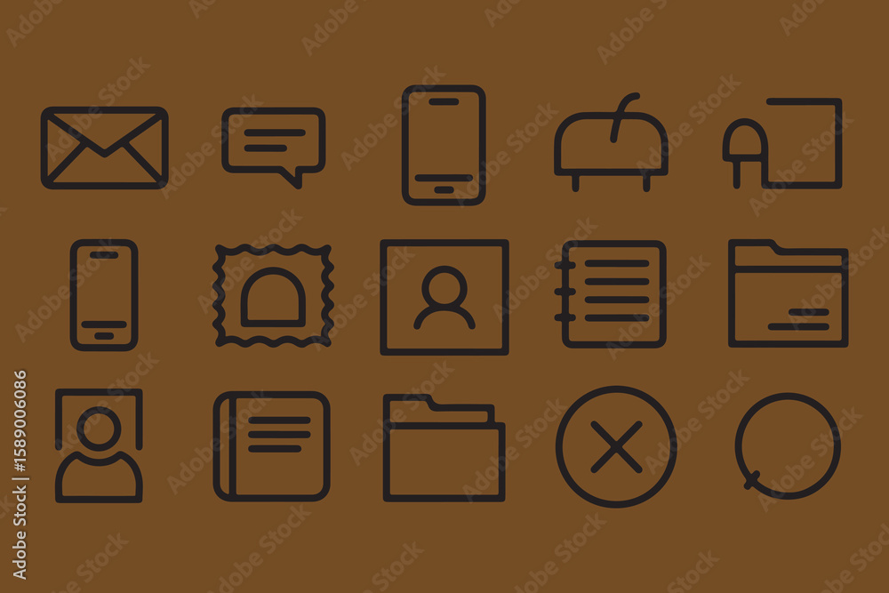 Poster collection of simple outline icons representing communication organization and digital interaction o