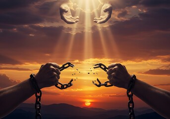 Freedom, Liberation, Breaking Chains Symbolic Image of Divine Hands Releasing from Bondage, Hope, Sun Setting.