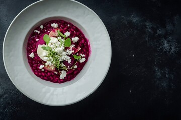 Beetroot risotto dish served on a white plate over a dark background, garnished with crumbled feta cheese and fresh microgreens