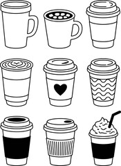 Assorted beverage cups with decorative elements and toppings coffee drink