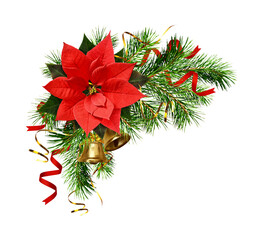 Christmas tree branches, bells and red poinsettia flower in a holiday cprner arrangement isolated on white or transparent background