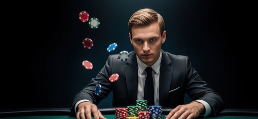 Elegant man in suit throwing poker chips on casino table. Gambling and entertainment concept.