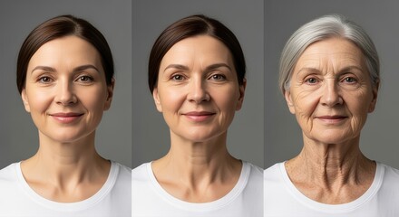 Progression of a woman face through different ages, showing aging process and skin changes.