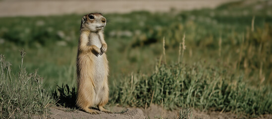 Vigilant prairie squirrel standing alert in nature with brown fur and green grass backdrop