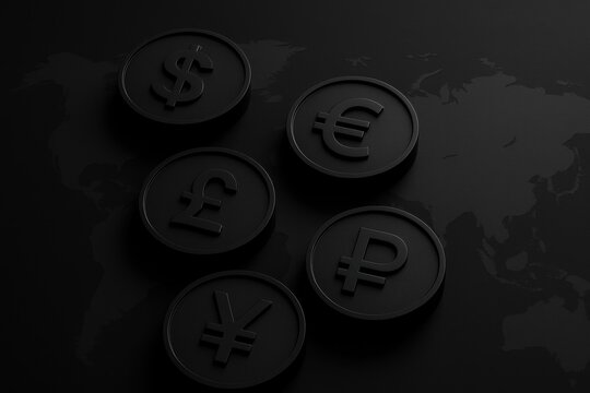 Global Currency in Shadow: Dark, minimalist image of international currency symbols set against a world map background, capturing the essence of global finance and investment. 