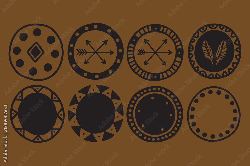 Poster collection of eight circular tribal inspired designs with geometric patterns and symbolic elements o