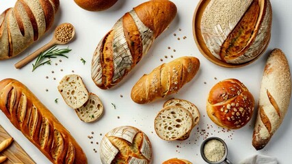 An assortment of freshly baked breads arranged beautifully, highlighting different shapes, textures, and toppings in a inviting atmosphere - Powered by Adobe