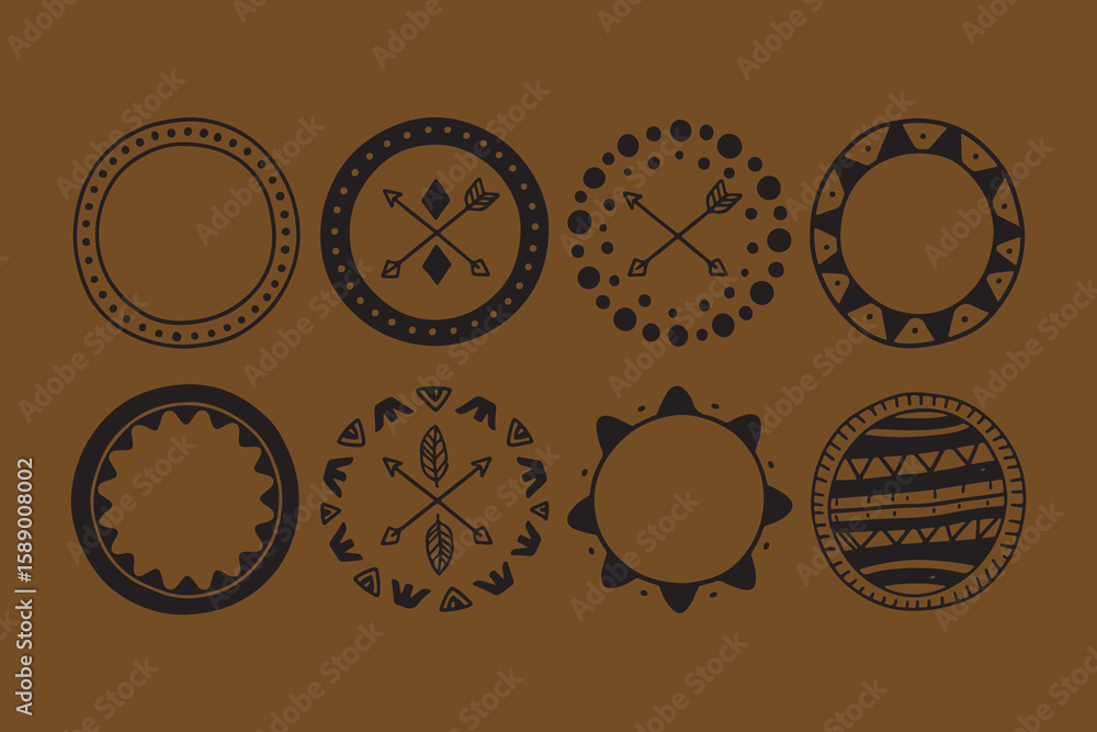 Poster collection of eight unique black tribal inspired circular frames and borders with arrows and geometr