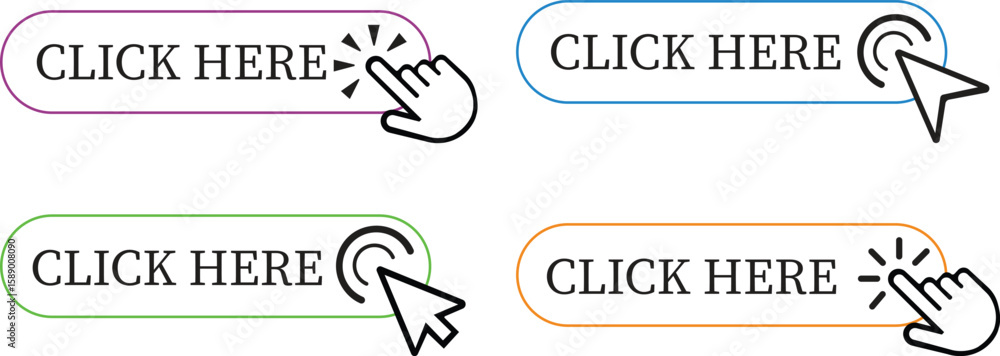 Fototapete Click Here Button Icon set.Pointer Click button. Modern action button mouse click symbol. Computer mouse click cursor or Hand pointer symbol. Cursor arrow icon. Clicking finger. Vector illustration.