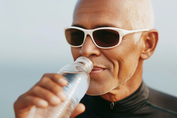 Elderly Man Drinking Water with Sunglasses for Refreshment