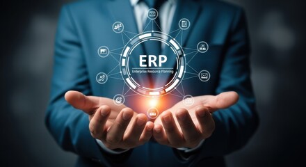 Enterprise Resource Planning ERP System Concept with Businessman Holding Virtual Icons and Business Technology Solutions