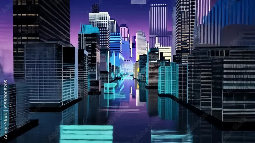 Poster bright lights and intricate patterns animate a modern city skyline, creating a stunning visual displ