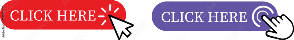 Poster click here button icon set.pointer click button. modern action button mouse click symbol. computer m