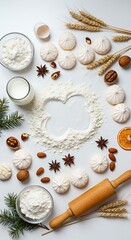 Fototapeta premium Baking ingredients and meringues arranged on a white surface