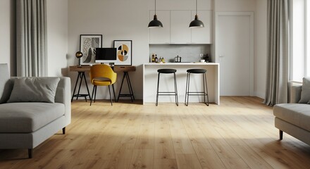 Modern Minimalist Apartment Interior Design with Open Plan Kitchen and Living Area, Featuring Light Wood Flooring and Mustard Yellow Accent Chair