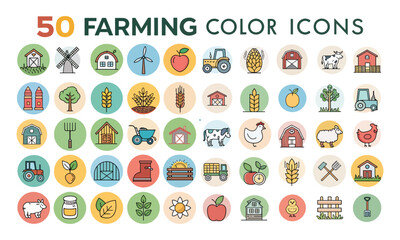50 Farming Color Icons Collection - A Versatile Set of Agricultural Symbols Depicting Farm Life and Cultivation Practices Illustrations.