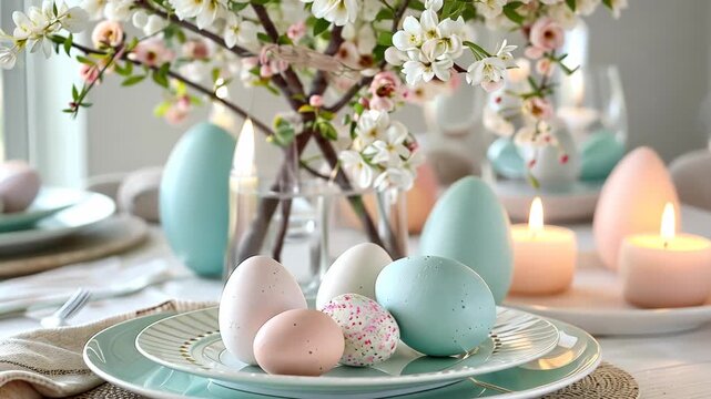 A charming dining table adorned with pastel Easter eggs, bright spring flowers, and soft candlelight creates a festive atmosphere