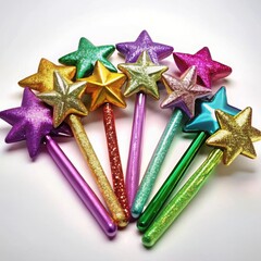 Collection of colorful glittery star wands arranged on a white background isolated on white background