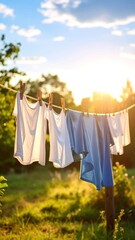 Laundry Drying Under Warm Sunlight on Clothesline with Blue and White Shirts in Rural Landscape