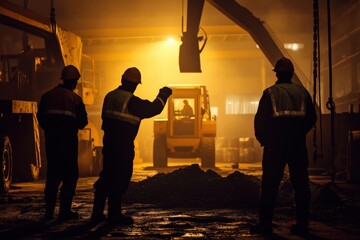 Workers managing operations in a metalworking factory at night