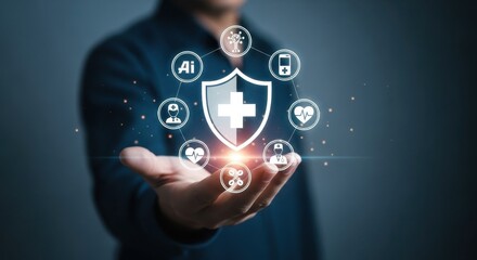 Hand Holding Shield with Medical Icons Representing Healthcare Technology and Protection in the Digital Age