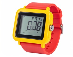 Close Up Of A Modern Digital Watch With A Yellow Casing And Red Strap Displaying Time On A White Isolated Background