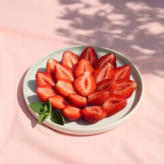 Sliced strawberries on a white plate with mint fruit