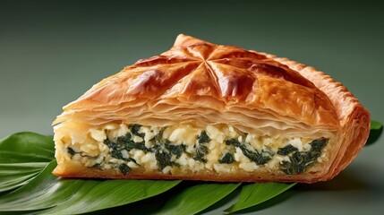 Delicious Spanakopita Slice with Flaky Pastry and Spinach Filling on Elegant Green Background