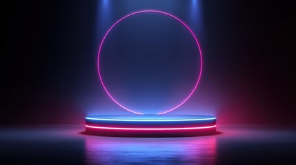 High quality photo of empty podium floating in the air with line gradient neon ring on background. illustration with abstract scene with pink and blue neon frame.