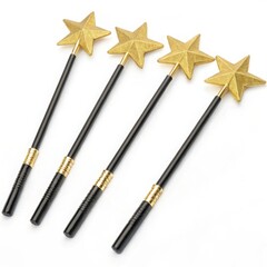 Four golden star magic wands isolated on white background