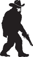 Bigfoot Sasquatch cowboy hat gun revolver walking silhouette vector illustration