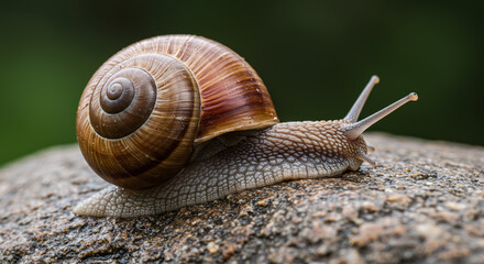 Detailed Macro Snail Crawling on Rock Outdoor Garden Nature Shell