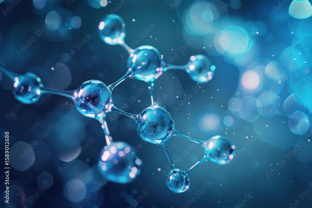 Poster glass molecule structure reflecting light particles on a blurred blue background representing scient