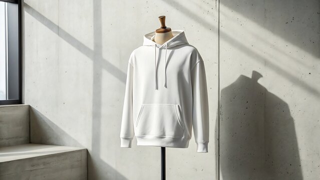 A white hooded sweatshirt displayed on a mannequin in a minimalist setting with sunlight casting shadows on a concrete wall.