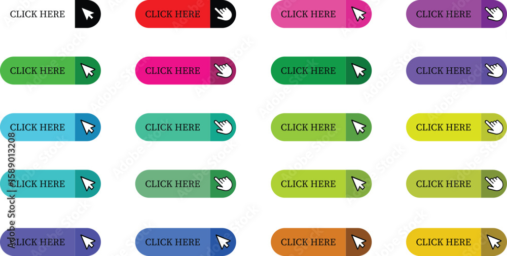 Fototapete Click Here Button Icon set.Pointer Click button. Modern action button mouse click symbol. Computer mouse click cursor or Hand pointer symbol. Cursor arrow icon. Clicking finger. Vector illustration.