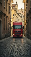 Fototapeta premium Red truck in narrow city alley