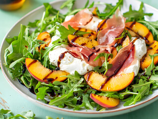 Fresh arugula salad with grilled peaches burrata cheese and prosciutto drizzled with balsamic glaze