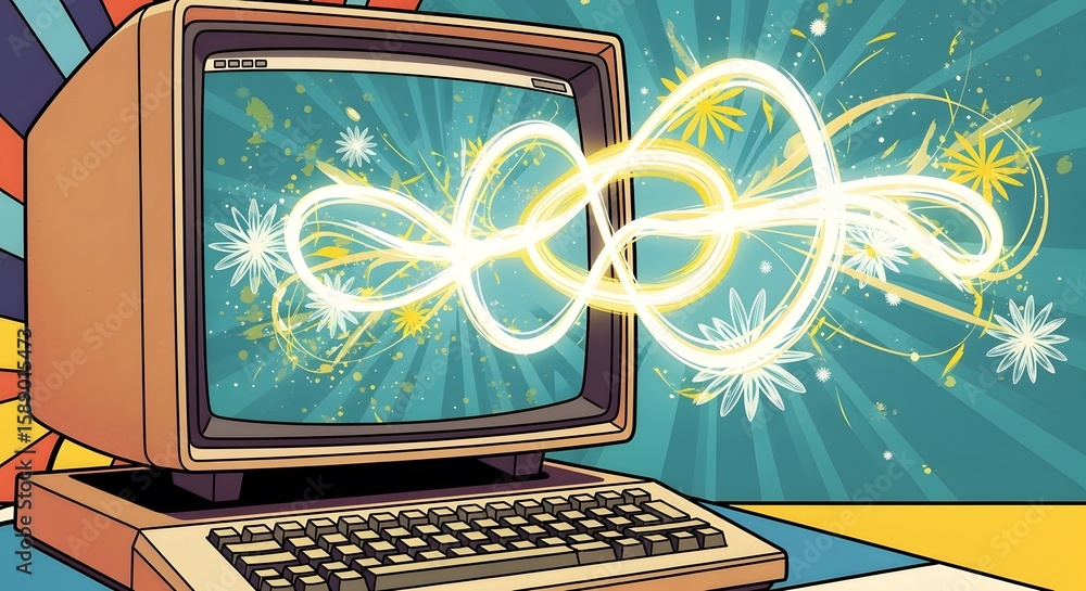 Poster retro computer with glowing abstract lines pop art illustration