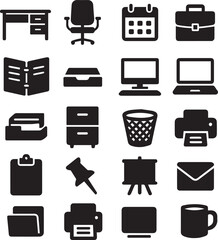 A collection of black office icons including desk chair calendar and computer on a white background