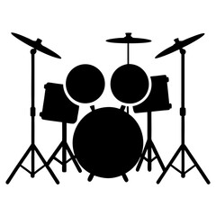 Black silhouette of a complete drum set with cymbals isolated on white background