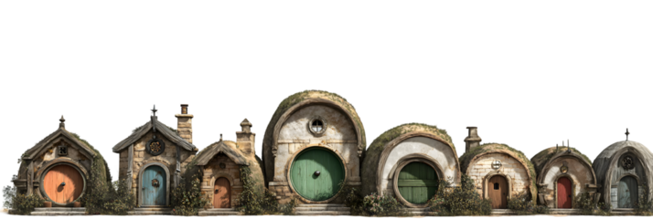 Whimsical Hobbit-Inspired Village with Unique Circular Doorways Surrounded by Lush Vegetation