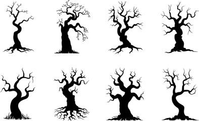 Twisted bare trees with gnarled branches and exposed roots vector