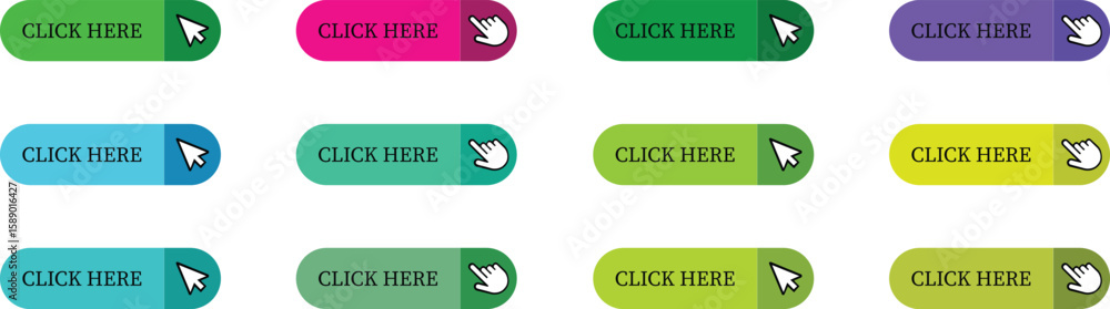 Poster click here button icon set.pointer click button. modern action button mouse click symbol. computer m