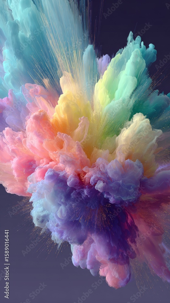 Aufkleber a vibrant, multicolored explosion resembling clouds or smoke bursts dynamically against a dark backg