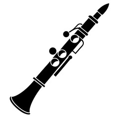 Black silhouette of a musical clarinet with intricate details isolated on white background